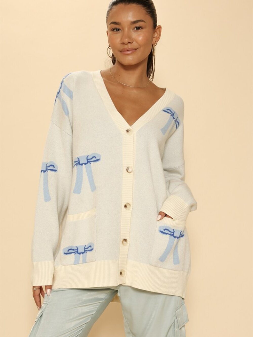 B91 All Over Bow Knit Cardigan in Blue NEW